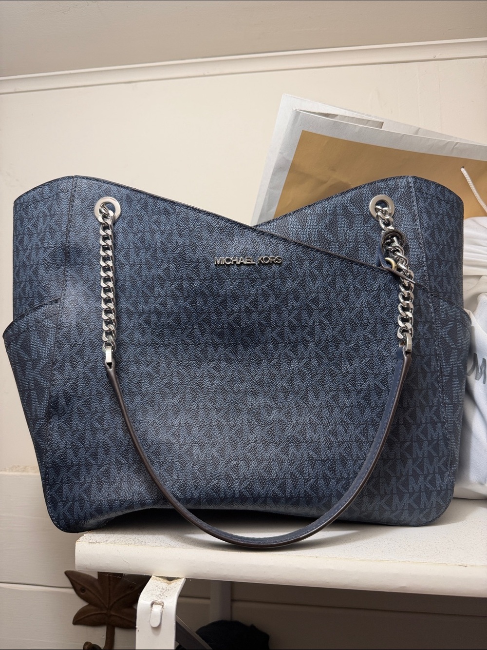 MICHAEL KORS Navy MK-Print Chain-Handle Jet Set Travel Tote